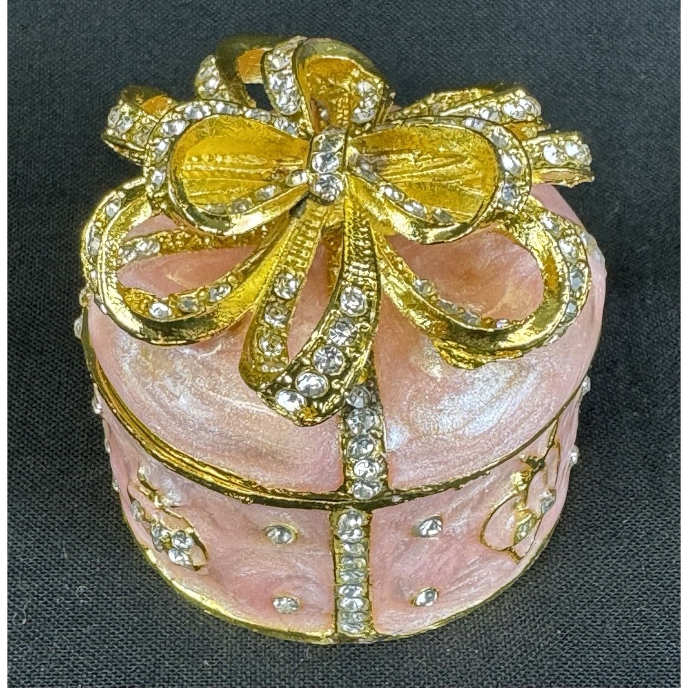 Pink Enameled Metal Hinged Trinket Box With Gold Tone Bow & Rhinestone Accents
